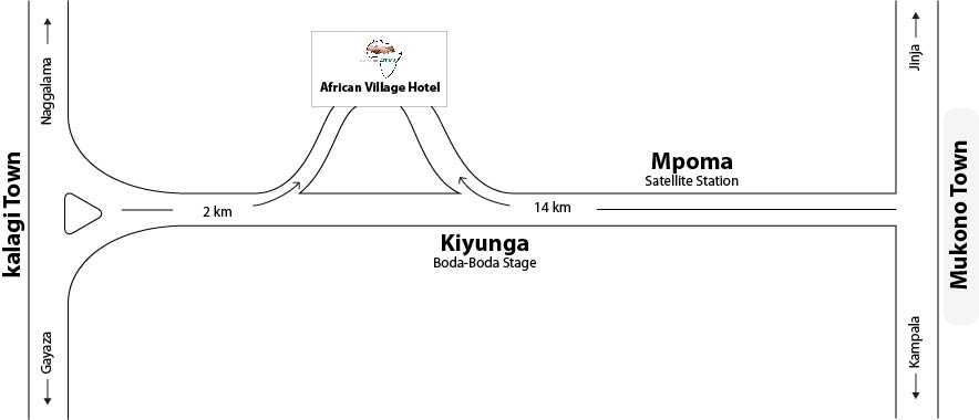 map indicating routs from kampala to African Village Hotel